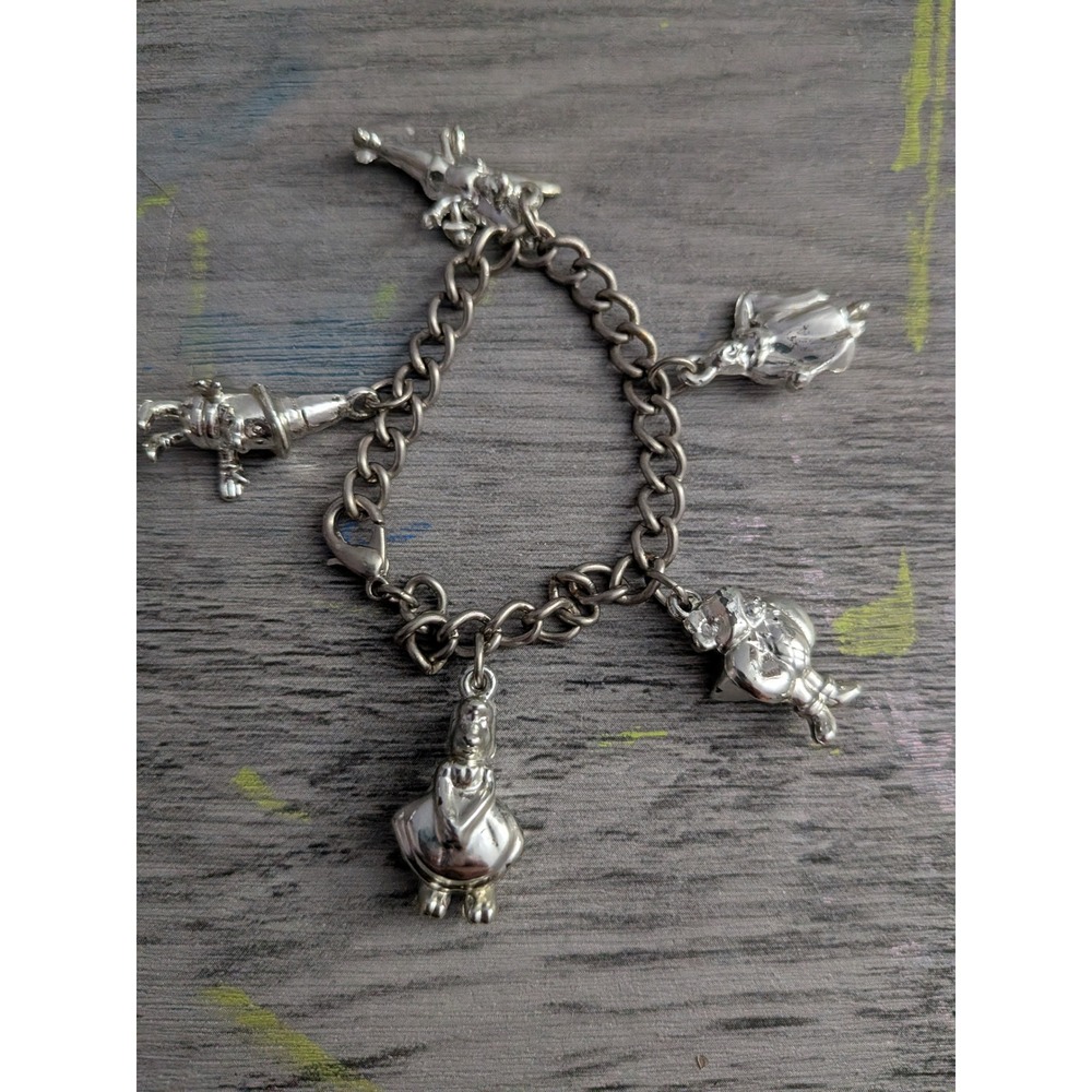 Vintage Alice in Wonderland Silver Tone Charm Bracelet Mad Hatter White Rabbit
